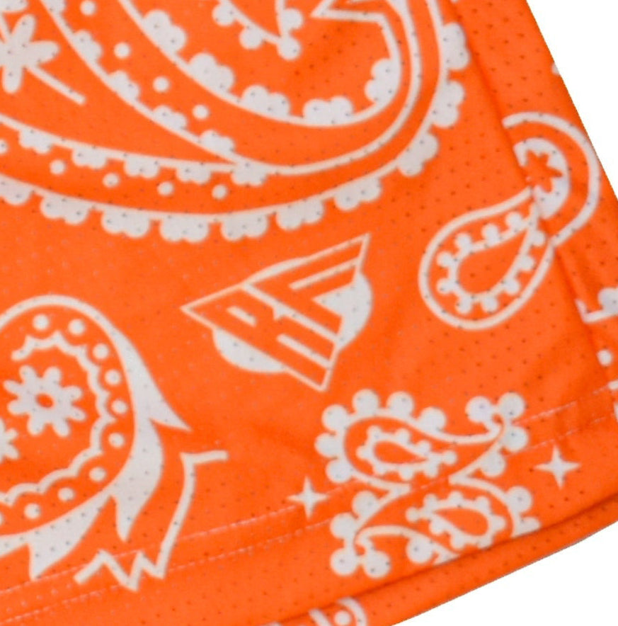 Close-up of RF-Wear Men's Mesh Paisley Shorts in Orange/White  with RF logo