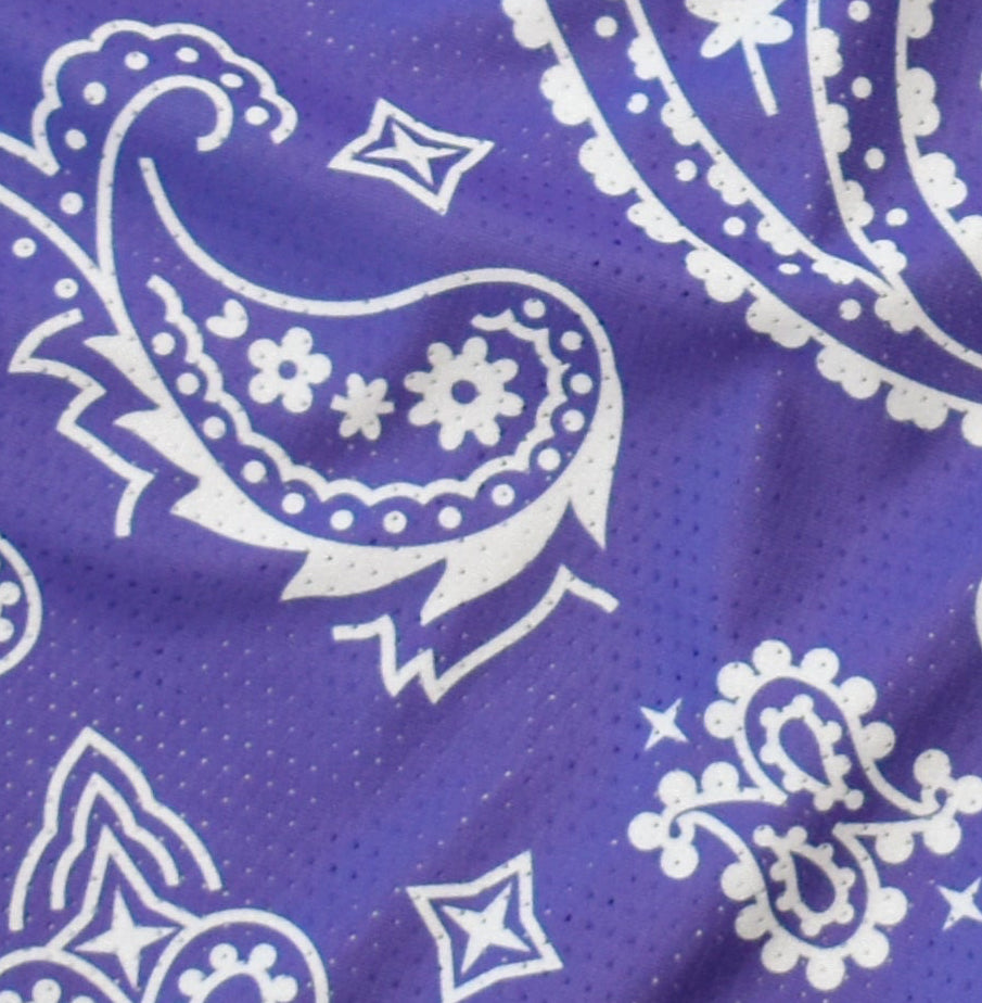 Close-up of RF-Wear Men's Mesh Paisley Shorts in Purple/White