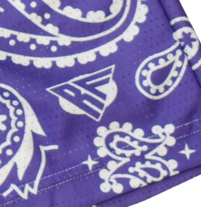 Close-up of RF-Wear Men's Mesh Paisley Shorts in Purple/White with RF logo