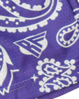 Close-up of RF-Wear Men's Mesh Paisley Shorts in Purple/White with RF logo