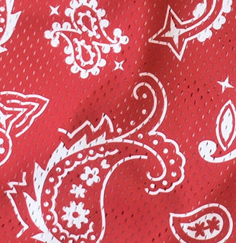 Close-up of RF-Wear Men's Mesh Paisley Shorts in Red/White 