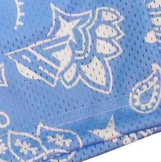 Close-up of RF-Wear Men's Mesh Paisley Shorts in Sky-Blue/White with RF logo
