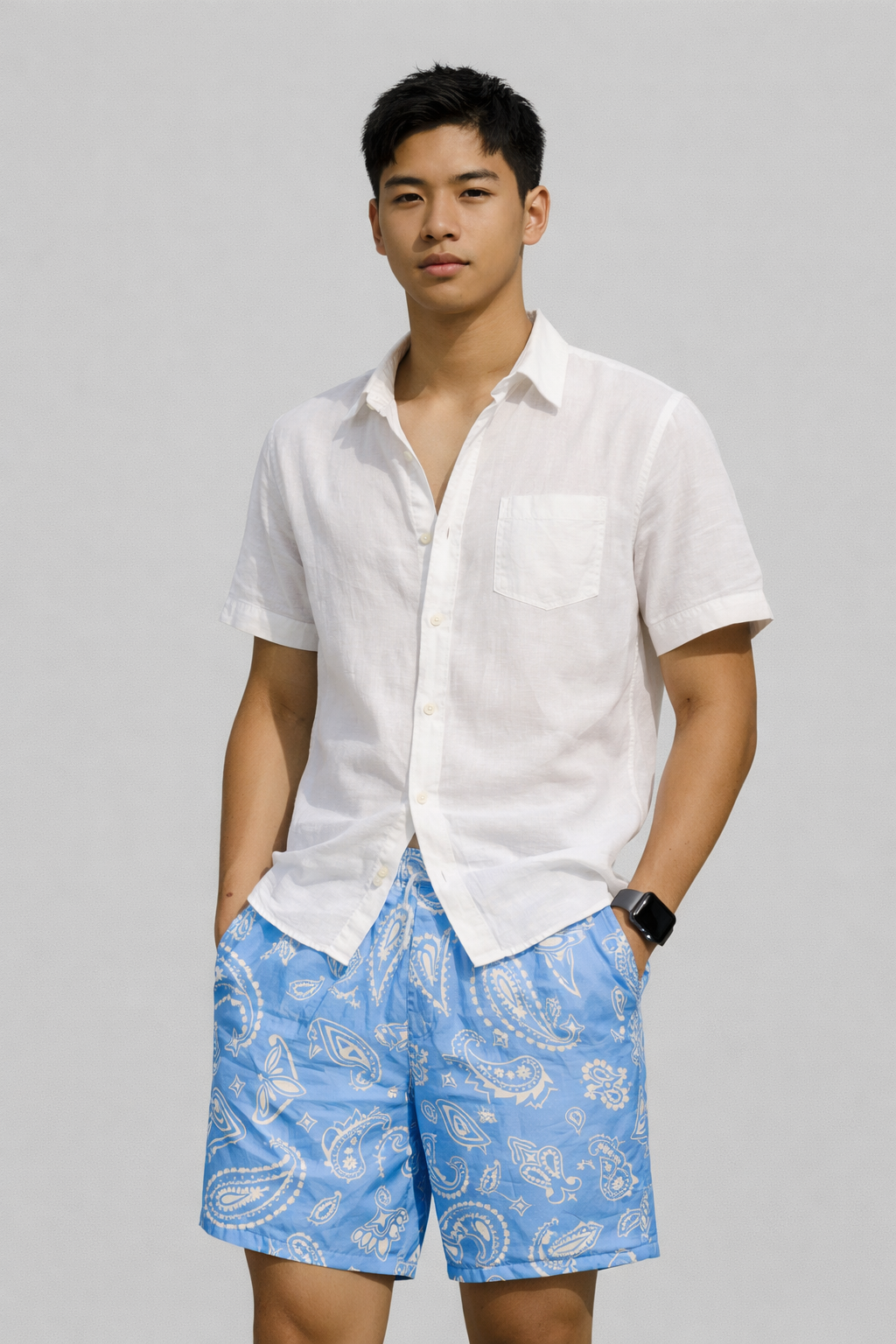 Man wearing a white shirt and RF-Wear Men's Mesh Paisley Shorts in Sky-Blue/White