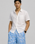 Man wearing a white shirt and RF-Wear Men's Mesh Paisley Shorts in Sky-Blue/White