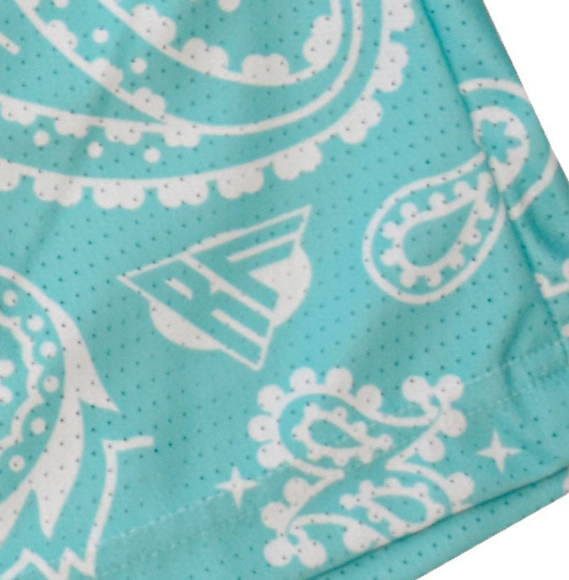 Close-up of RF-Wear Men's  Mesh Paisley Shorts in Teal/White with RF logo