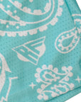 Close-up of RF-Wear Men's  Mesh Paisley Shorts in Teal/White with RF logo
