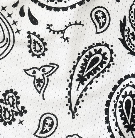 Close-up of RF-Wear Men's Mesh Paisley Shorts in White/Black 