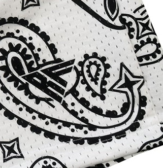 Close-up of RF-Wear Men's Mesh Paisley Shorts in White/Black with RF logo