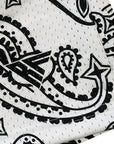 Close-up of RF-Wear Men's Mesh Paisley Shorts in White/Black with RF logo