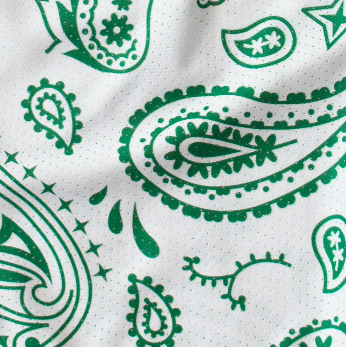 Close-up of RF-Wear Men's Mesh Paisley Shorts in White/Green 