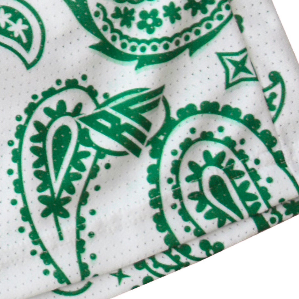 Close-up of RF-Wear Men's Mesh Paisley Shorts in White/Green with RF logo