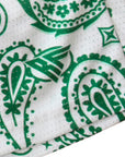 Close-up of RF-Wear Men's Mesh Paisley Shorts in White/Green with RF logo