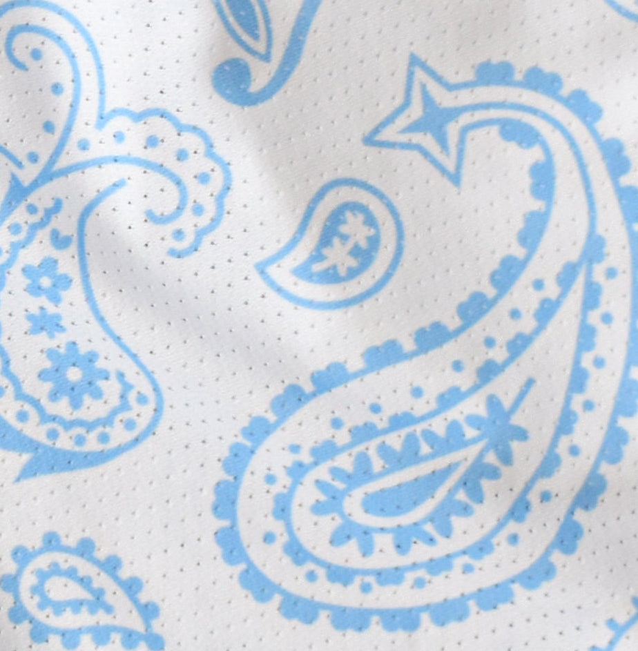 Close-up of RF-Wear Men's Mesh Paisley Shorts in White/Sky Blue 