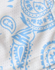Close-up of RF-Wear Men's Mesh Paisley Shorts in White/Sky Blue with RF logo