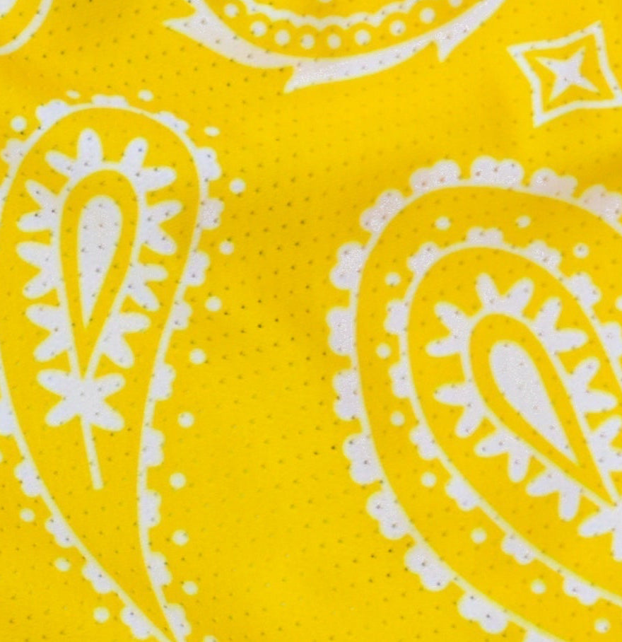 Close-up of RF-Wear Men's Mesh Paisley Shorts in Yellow/White