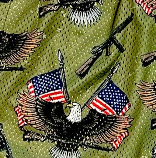Close-up of RF-Wear Men's Mesh Patriotic Eagle/flag/gun in Green