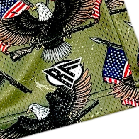 Close-up of RF-Wear Men's Mesh Patriotic Eagle/flag/gun in Green with RF logo