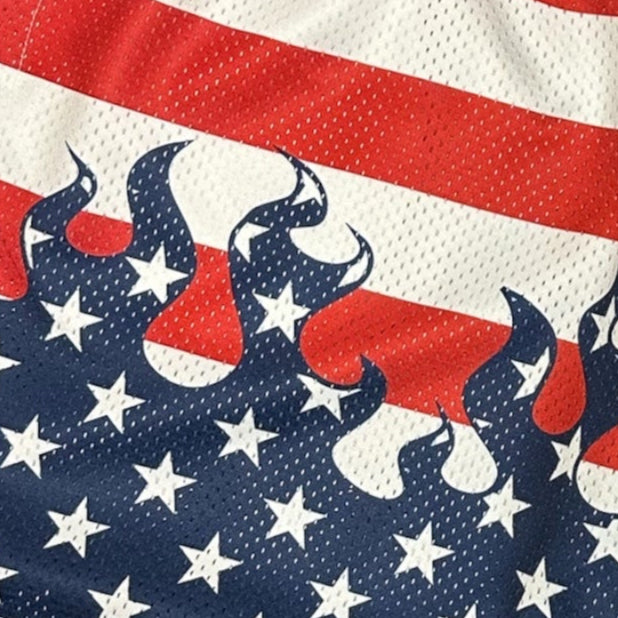 Close-up of RF-Wear Men's Mesh Patriotic Flame Shorts in Red/White/Blue