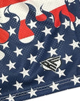 Close-up of RF-Wear Men's Mesh Patriotic Flame Shorts in Red/White/Blue with RF logo