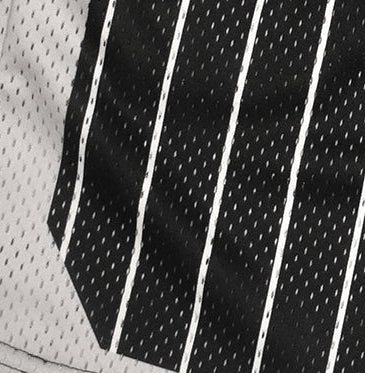 Close-up of RF-Wear Men's Mesh Pinstripe Basketball Shorts in Black/White