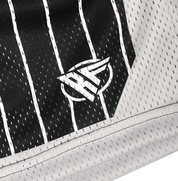 Close-up of RF-Wear Men's Mesh Pinstripe Basketball Shorts in Black/White with RF logo
