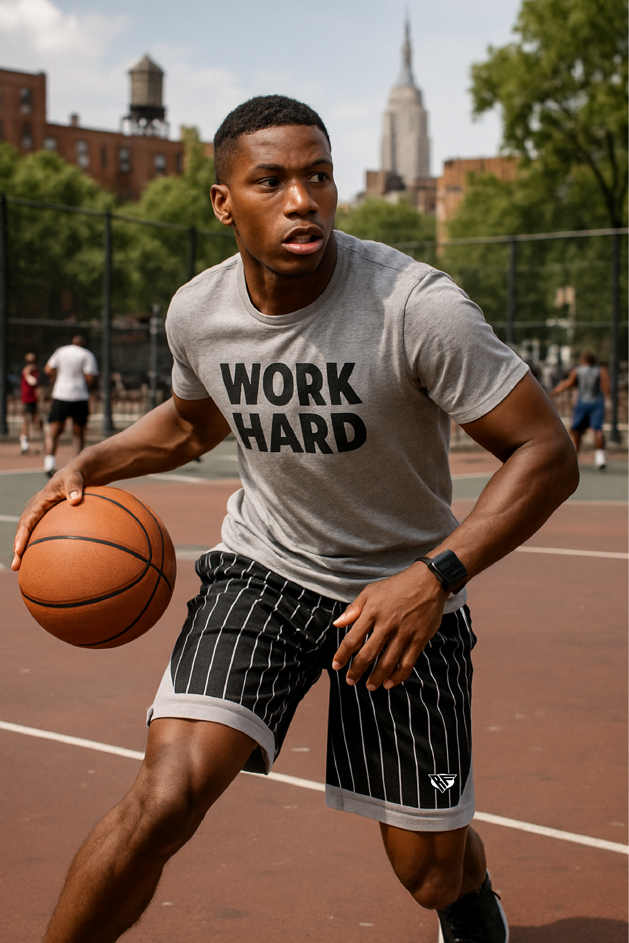 Man playing basketball wearing grey RF-Wear Men's Mesh Pinstripe Basketball Shorts in Black/White 