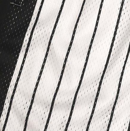 Close-up of RF-Wear Men's Mesh Pinstripe Basketball Shorts in White/Black 