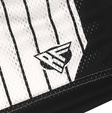 Close-up of RF-Wear Men's Mesh Pinstripe Basketball Shorts in White/Black with RF logo