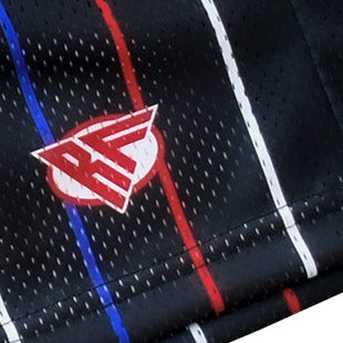 Close-up of RF-Wear Men's Mesh Kansas City Cityscape Shorts in  Black/Red with RF logo