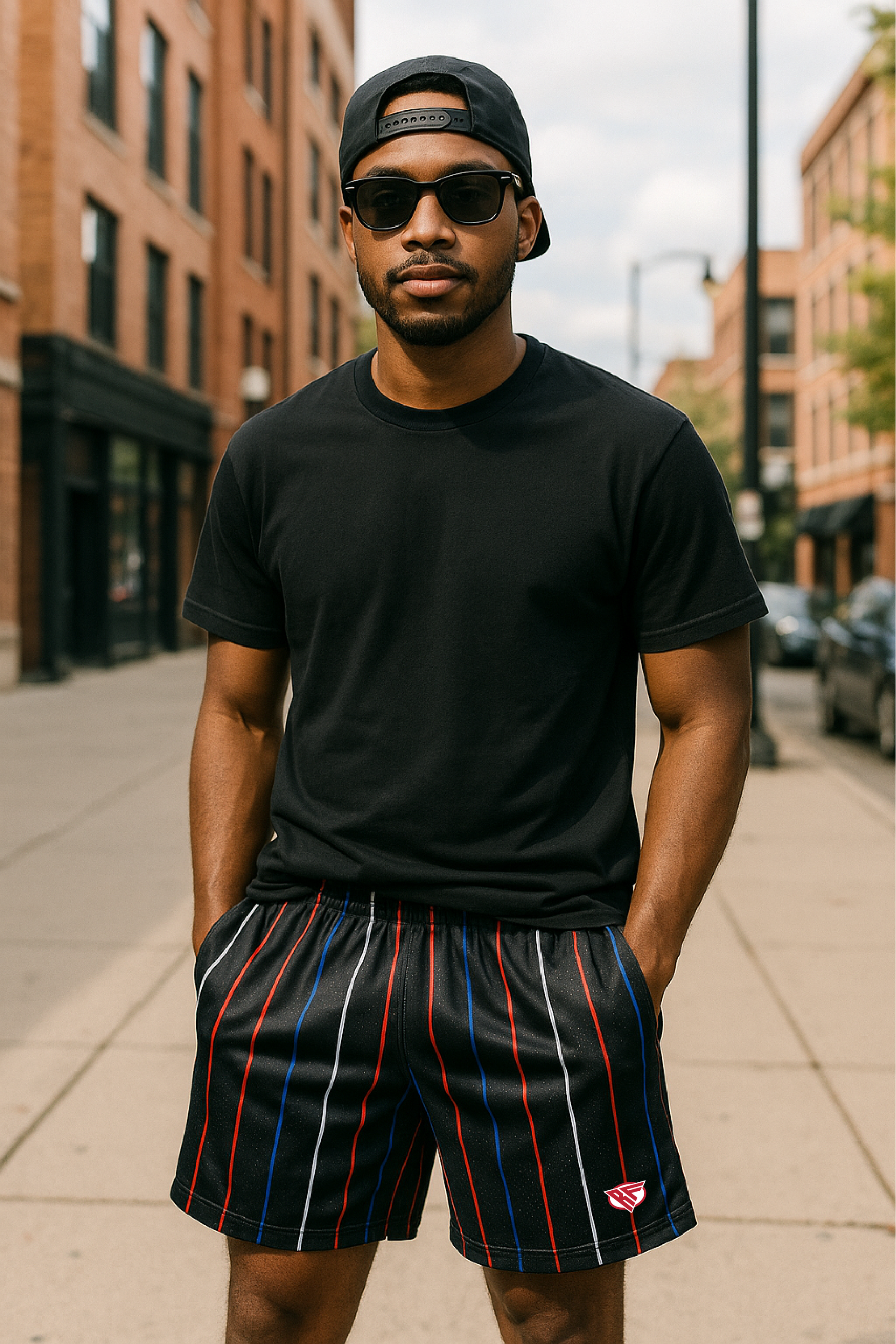 Man wearing a black t-shirt and RF-Wear Men's Mesh Pinstripe Shorts in Black/White/Blue/Red 