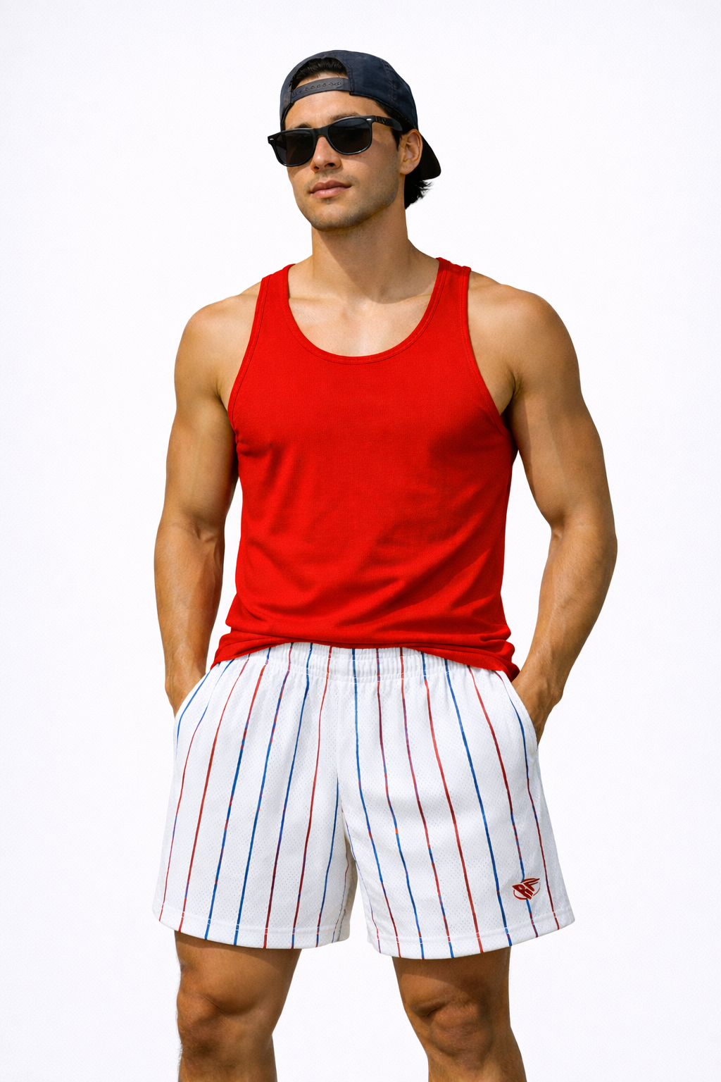 Man wearing a red tank top and RF-Wear Men's Mesh Pinstripe Shorts in White/Blue/Red