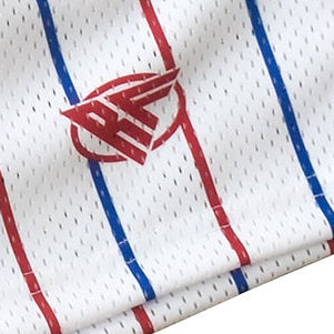 Close up of RF-Wear Men's Mesh Pinstripe Shorts in White/Blue/Red with RF logo