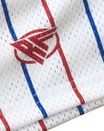 Close up of RF-Wear Men's Mesh Pinstripe Shorts in White/Blue/Red with RF logo