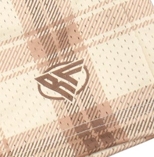 Close-up of RF-Wear Men's Mesh Plaid Shorts in Cream /Tan  with RF logo