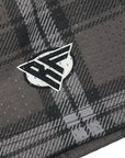 Close-up of RF-Wear Men's Mesh Plaid Shorts in Charcoal  with RF logo