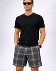 Man wearing a black t-shirt and RF-Wear Men's Mesh Plaid Shorts in Charcoal 