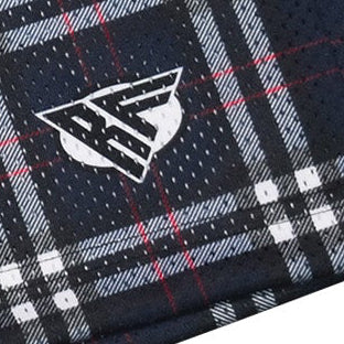 Close-up of RF-Wear Men's Mesh Tartan Plaid Shorts in Navy with RF logo