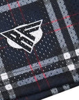 Close-up of RF-Wear Men's Mesh Tartan Plaid Shorts in Navy with RF logo