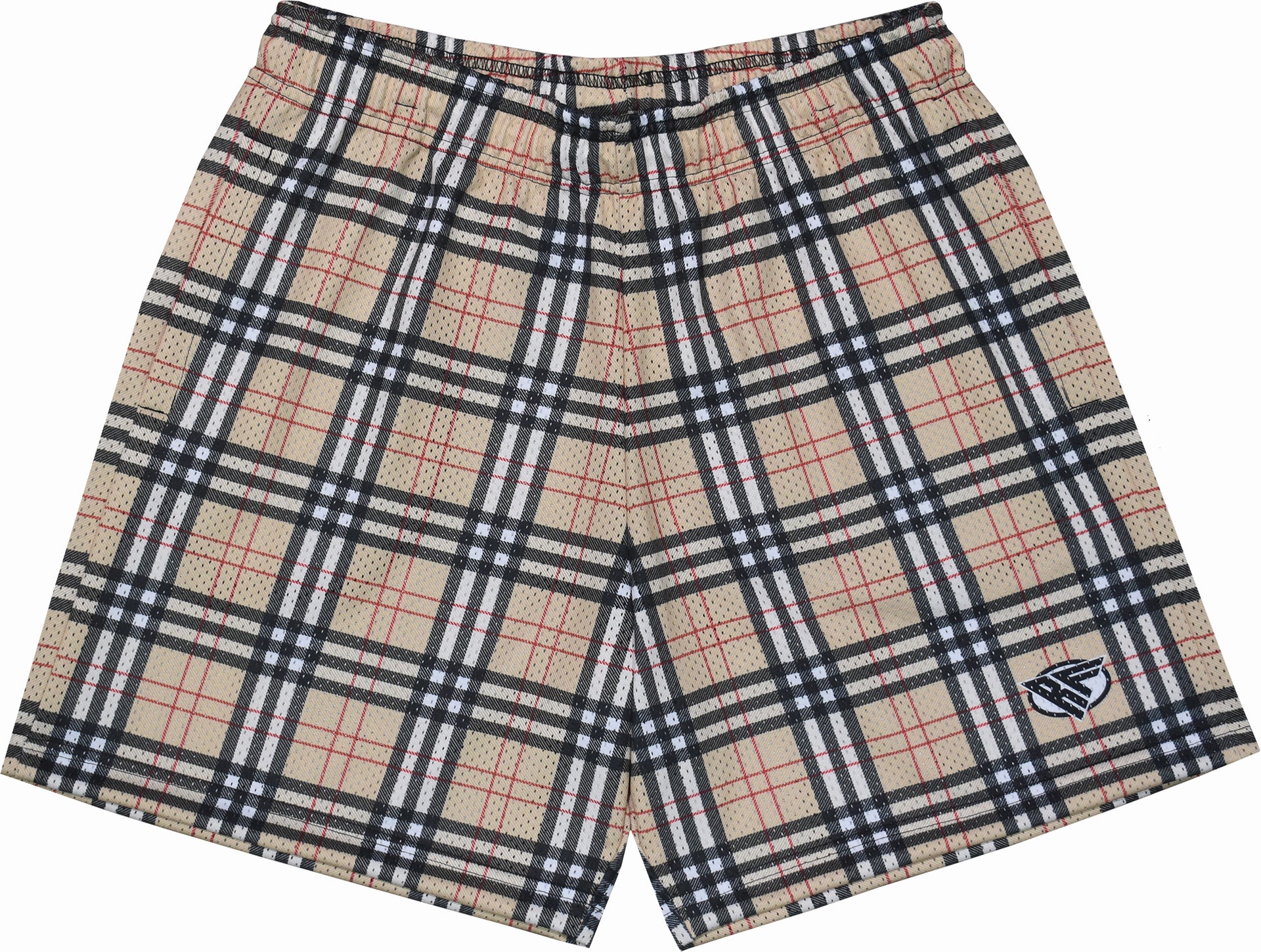 RF-Wear Men's Mesh Tartan Plaid Shorts in Tan/Black