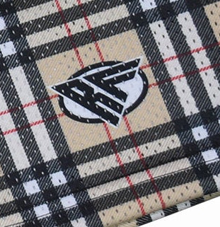 Close-up of RF-Wear Men's Mesh Tartan Plaid Shorts in Tan/Black with RF logo