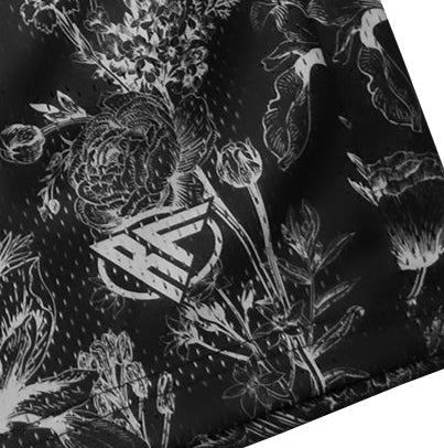 Close-up of RF-Wear Men's Mesh Floral Porcelain Shorts in Black/Grey with RF logo
