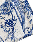 Close-up of RF-Wear Mens Mesh Floral Porcelain Shorts in White/Blue  with RF logo