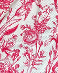 Close-up of RF-Wear Men's Mesh Floral Porcelain Shorts in White/ Fuchsia