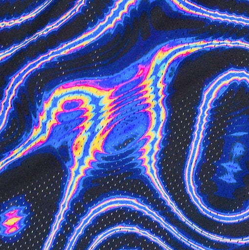 Close-up of RF-Wear Men's Mesh Psychedelic Shorts in Black/Multicolor