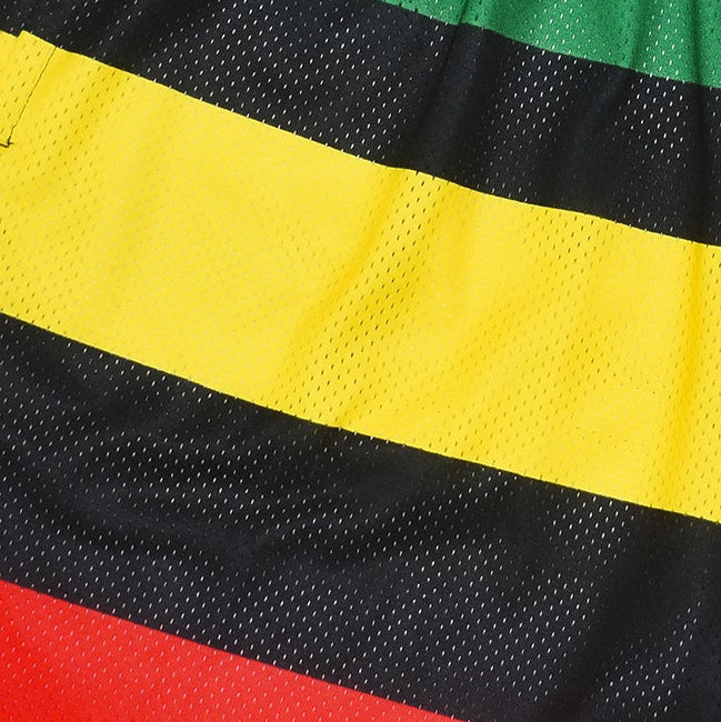 Close-up of RF-Wear Men's Rasta Shorts, Striped, in Green/Black/Yellow/Red