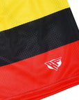 Close-up of RF-Wear Men's Rasta Shorts, Striped, in Green/Black/Yellow/Red with RF logo