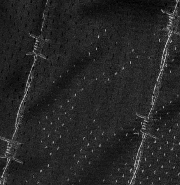 Close up of RF-Wear Men's Mesh Reflective Barb Wire Shorts in Black