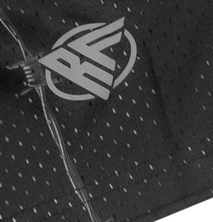 Close up of RF-Wear Men's Mesh Reflective Barb Wire Shorts in Black with RF logo