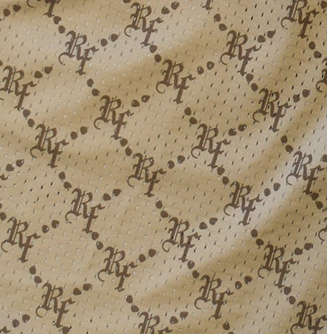 Close-up of RF-Wear Men's Mesh Monogram Shorts in Tan/Brown 