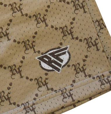 Close-up of RF-Wear Men's Mesh Monogram Shorts in Tan/Brown with RF logo